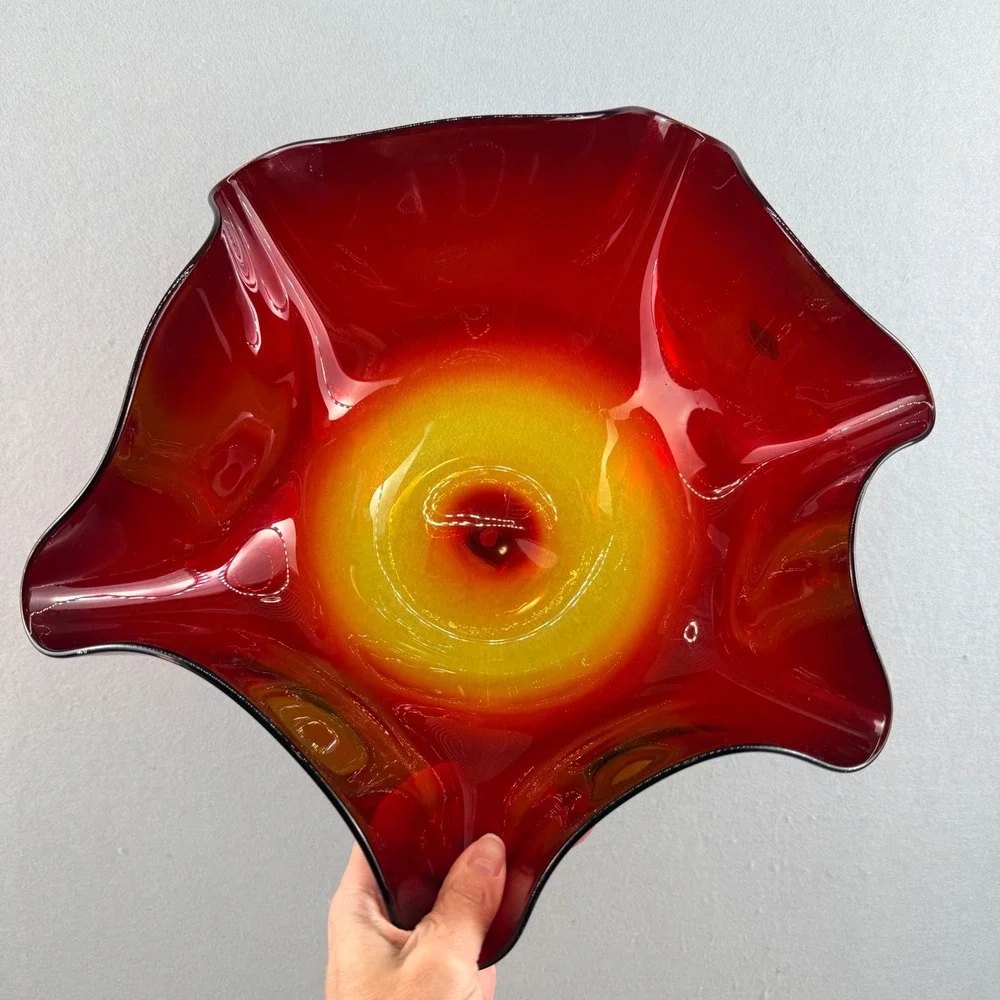Blenko Tangerine Glass Ruffled Bowl Signed Richard Blenko Retro‎ 2002 MCM